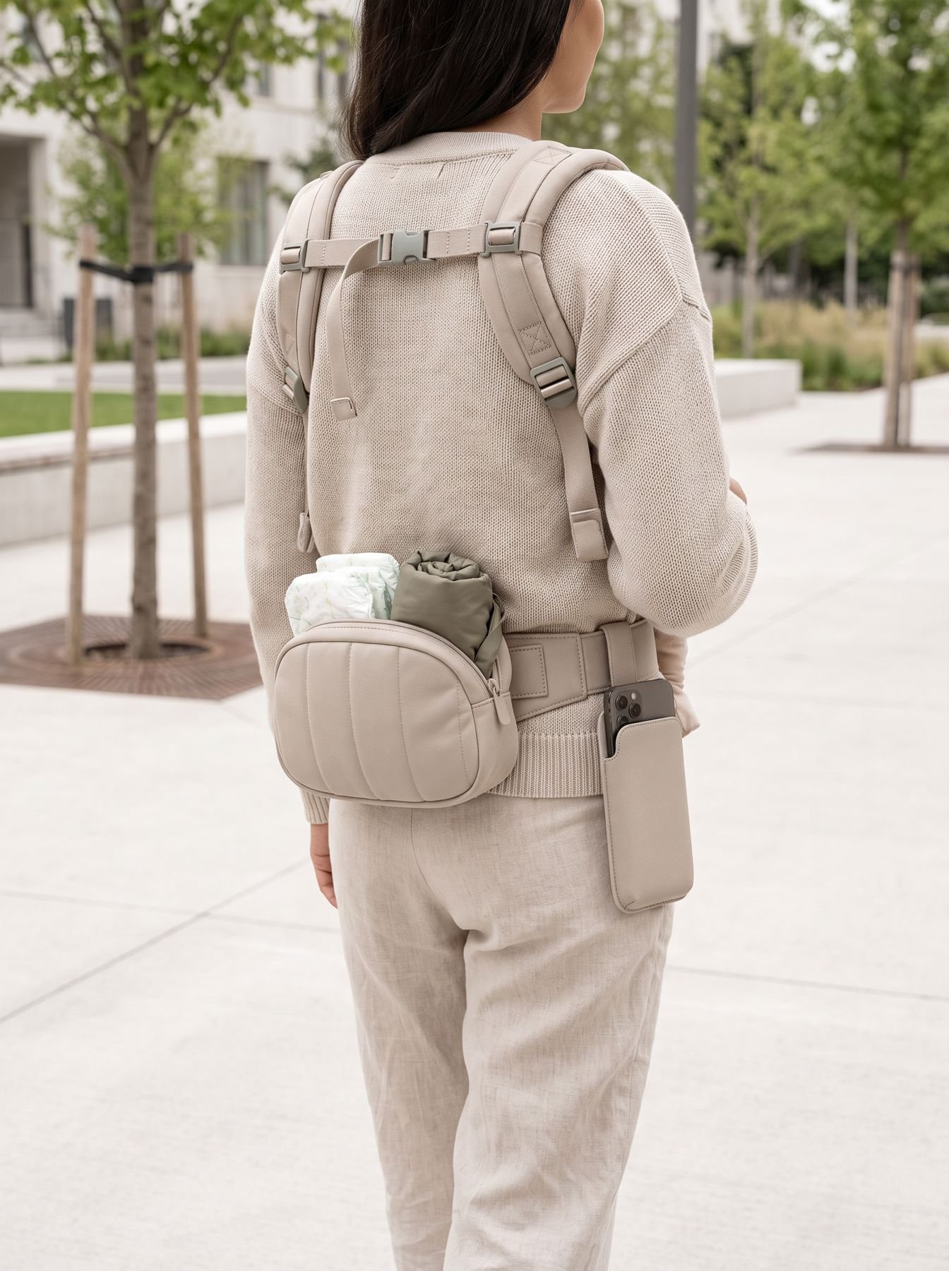 Back view with the back bag and phone sleeve on the belt