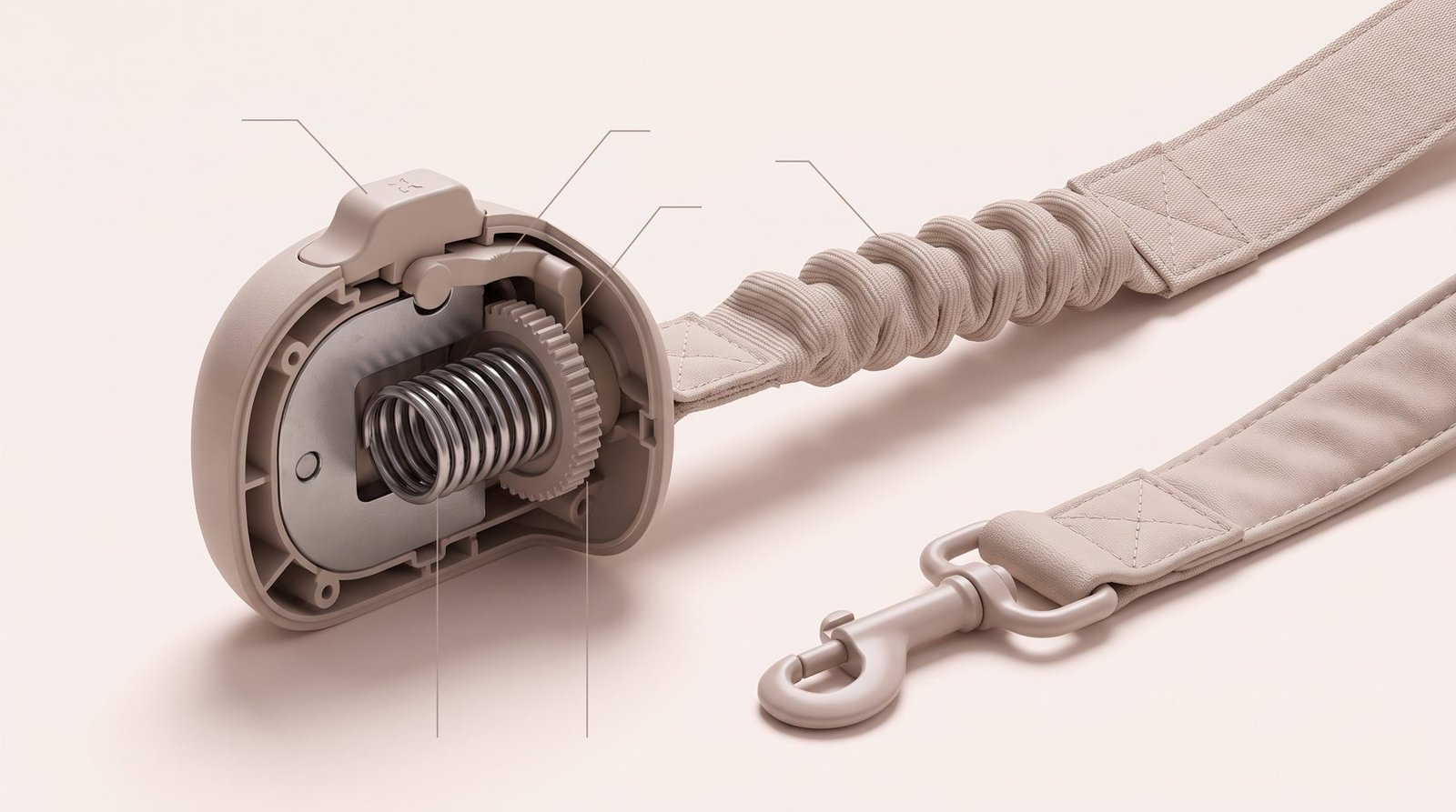 Cutaway of the dog reel with spring, lock wheel and bungee section