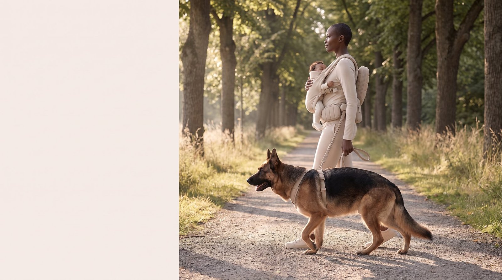 Woman with baby walking a German Shepherd on a park path