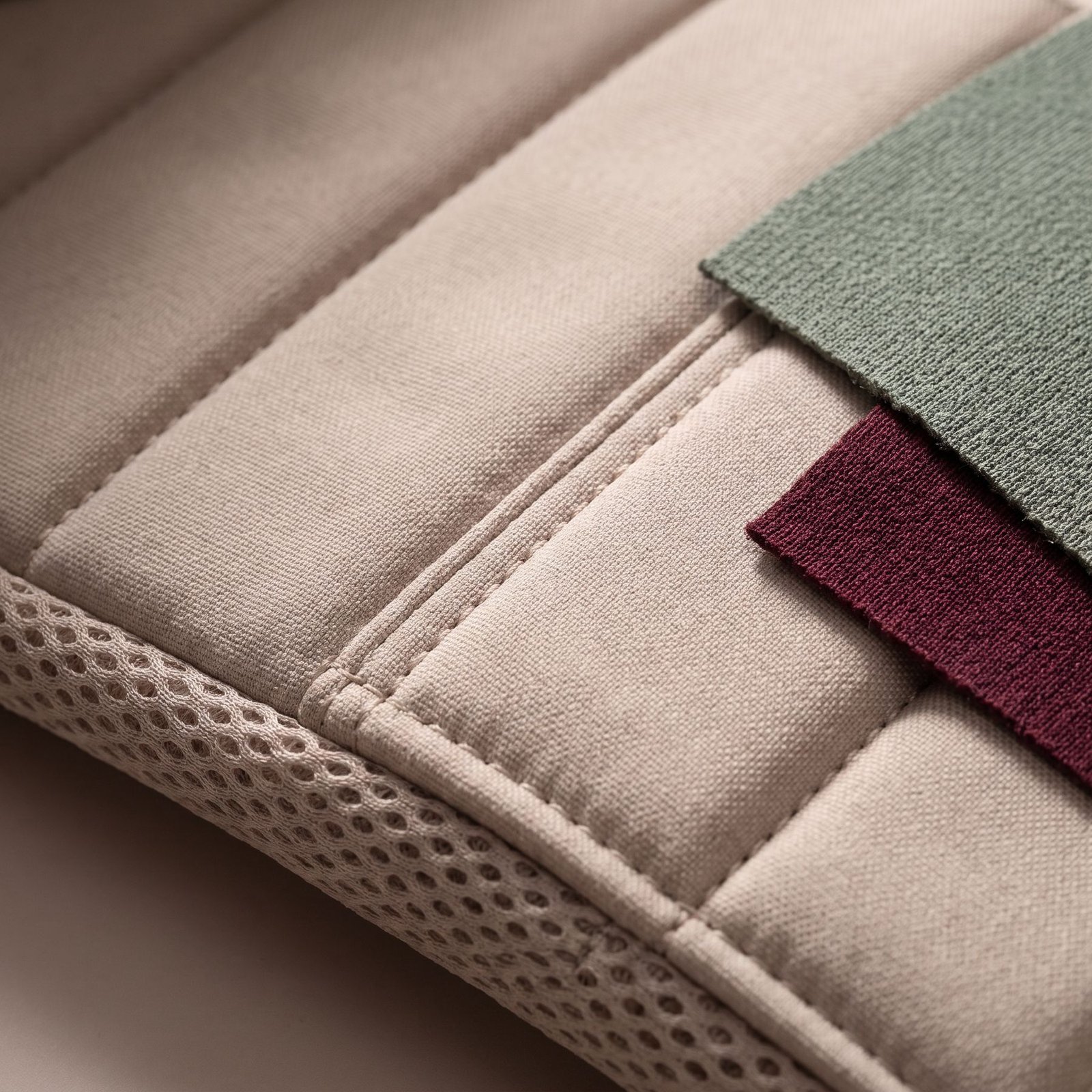 Quilted fabric swatches and spacer mesh