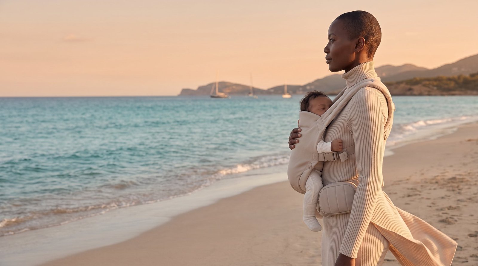 Woman with baby and the belt on a beach at golden hour